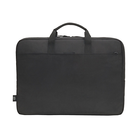 Schwarze Laptoptasche mit Tragegriff. Auf der Vorderseite befindet sich eine flache Tasche.
