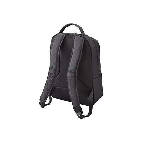 Schwarzer Rucksack von hinten, mit Trägern und Tragegriff. Blaue Akzente an den Nähten.