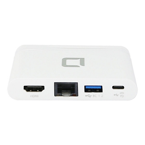 WeiÃŸes, rechteckiges GerÃ¤t mit HDMI, RJ45, USB und USB-C-AnschlÃ¼ssen. Logo.