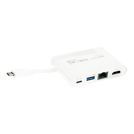 WeiÃŸer USB-C-Hub, mit verschiedenen AnschlÃ¼ssen und integriertem Kabel. Auf weiÃŸem Grund.