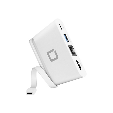 WeiÃŸes elektronisches GerÃ¤t mit USB- und HDMI-AnschlÃ¼ssen, darunter ein Logo. Auf weiÃŸem Untergrund.