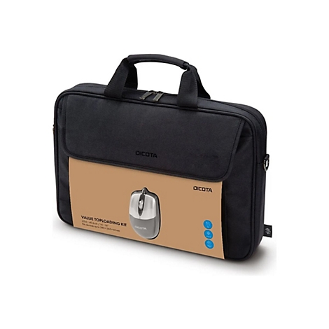 Schwarze Laptoptasche mit brauner Verpackung und Maus. Aufschrift: DICOTA.