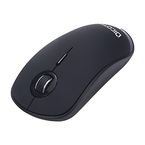 Souris d'ordinateur noire avec une molette de défilement argentée et l'inscription "DICOTA".