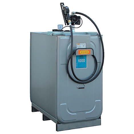 Grey diesel tank with pump. Black hose runs from the pump to the holder, which says "CEMO". On the front of the tank "1000".