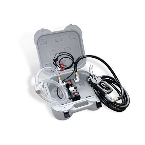 A grey case containing a fuel pump, hoses, and accessories. On a white background.