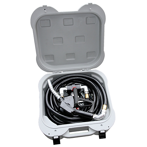 Grey case with an open lid. Inside, a black hose, a fuel nozzle, and connectors.