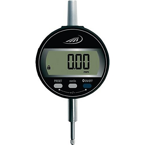 Digital dial indicator, black dial showing 0.00 mm. Measuring bar at the top and bottom, buttons next to it.