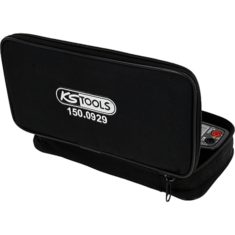 Schwarze Werkzeugtasche mit KS TOOLS Logo. Ein Multimeter ist teilweise sichtbar.