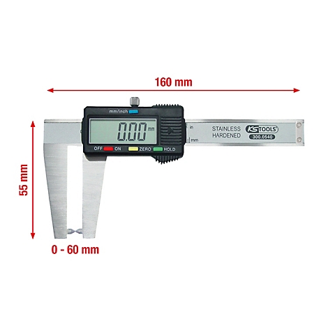 Digitale Messschieber mit einer Abmessung von 160 mm und einer Messbereich von 0-60 mm. Der Bildschirm zeigt den Wert 0,00 an. 