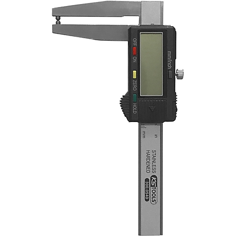 Digitale Messschieber, aus Edelstahl. Mit LCD-Anzeige und den Funktionen Ein/Aus, Null, Hold.