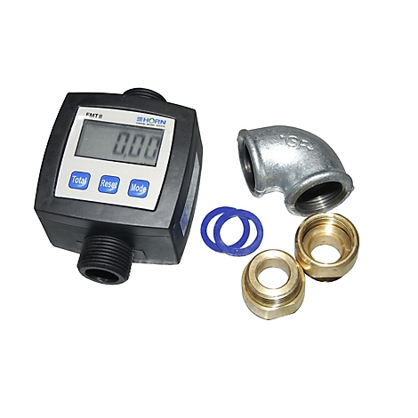 Black flow meter with digital display next to elbow, seals, and fittings.