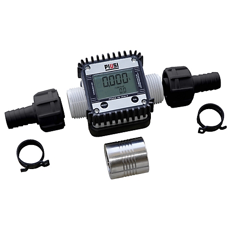 Flow meter with digital display, black and white parts, pipe connectors. The display shows "0.000".