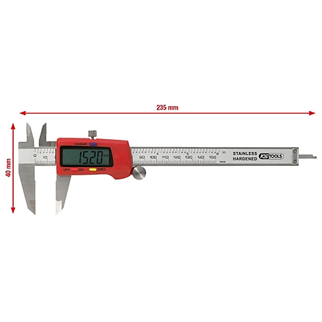 Eine digitale Schieblehre, rot mit digitaler Anzeige: 15,20 mm. Aufschrift: STAINLESS HARDENED KS TOOLS