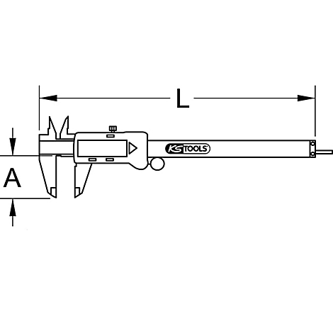 Digitale Messschieber-Zeichnung. Beschriftung mit „A“ und „L“. Aufschrift „KS TOOLS“.