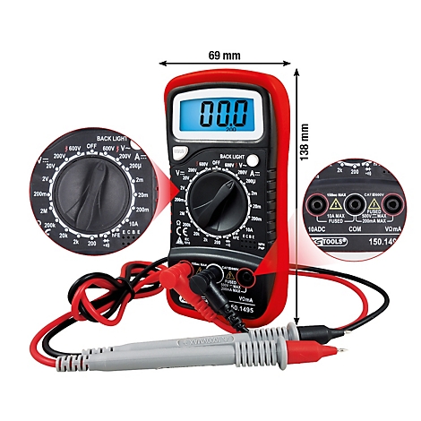 Ein rotes Multimeter mit schwarzem Drehknopf und digitaler Anzeige. Messleitungen sind angeschlossen. Maße und Details sind durch Zooms veranschaulicht.