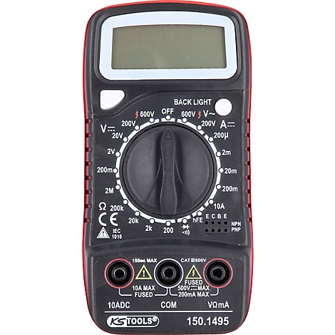 Ein rotes und schwarzes digitales Multimeter. Es hat ein LCD-Display, einen Drehschalter und Anschlüsse für Messleitungen.