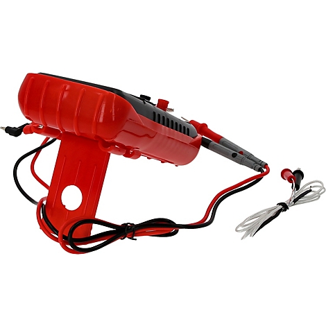 Rotes Elektriker-Messgerät mit grauen Messspitzen und Kabeln, auf weißem Hintergrund.