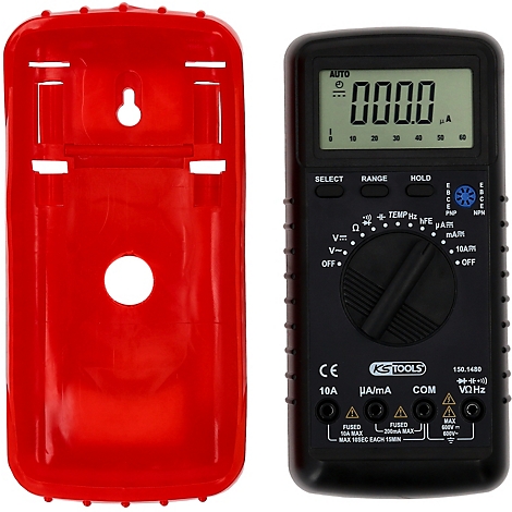 Ein schwarzes Multimeter mit roter Schutzhülle, Anzeige 0000.0. Auf dem Display stehen Funktionen wie Volt, Ampere, Ohm und Temperatur.