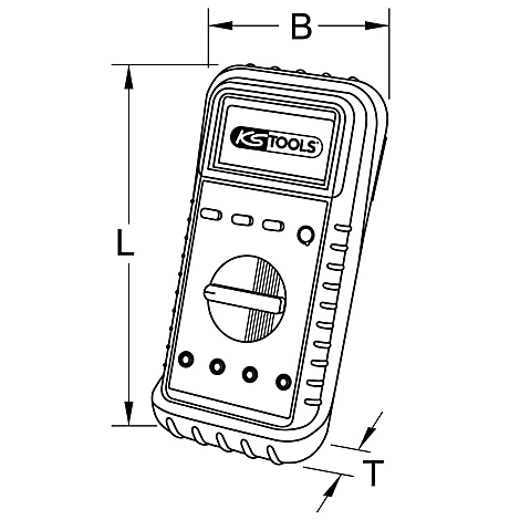 Zeichnung eines Multimeters mit den Messwerten L, B und T. Das Multimeter hat ein Display, einen Drehknopf und mehrere Knöpfe.
