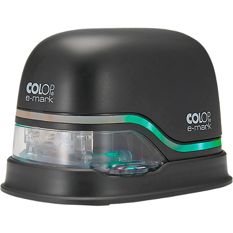 Black "COLOP e-mark" stamp, accented in green, on a white background.