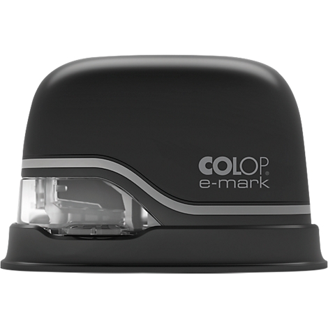 Black COLOP e-mark stamp, glossy finish with transparent viewing window and silver accents.