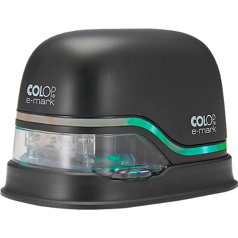 Black "COLOP e-mark" electronic stamp with green accents, semi-transparent housing, text.