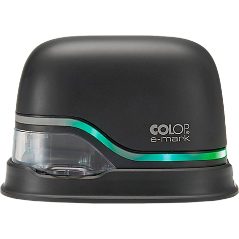 A black, electronic hand stamp with green accents, standing on a white surface. The device displays the text "COLOP e-mark."