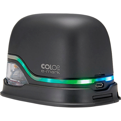 Black e-mark stamp with color stripes and USB port. Inscription: COLOP e-mark.