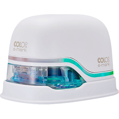 White printer with blue-green interior lighting. 'COLOR e-mark' lettering.