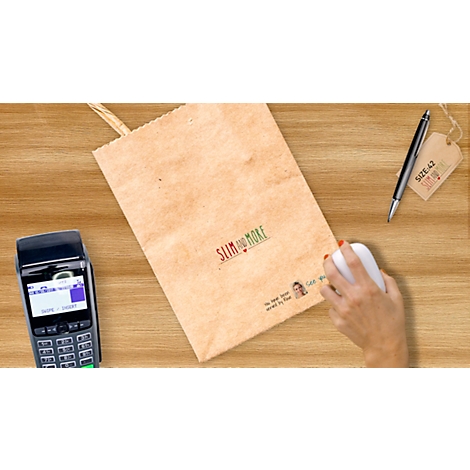 A person operates a mouse next to a paper bag with "Slim and More" and a "Size 42" tag.