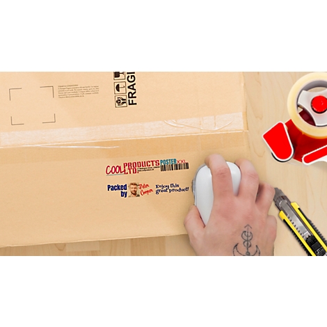Person packing a parcel. Mouse and cutter next to cardboard box, imprint 'Cool Products'.