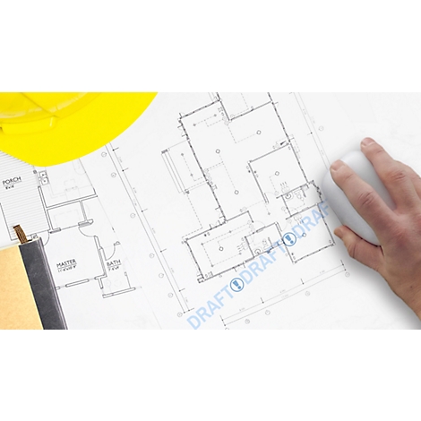 Blueprint, yellow helmet, and a hand with a computer mouse. The writing "Draft" can be seen on the plan.