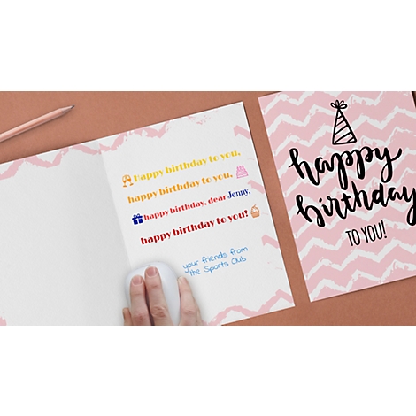 Open birthday card, pink and white. Inside: text for Jenny. Hand with computer mouse.