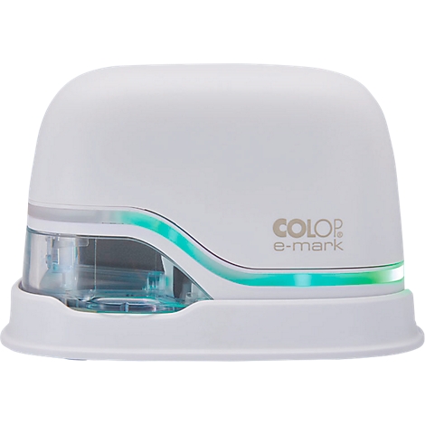 White electronic printer. Inscription: COLOP e-mark. A transparent part with blue liquid can be seen on the underside.