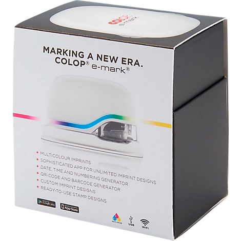 The Colop e-mark is shown on a product packaging. The packaging says: "MARKING A NEW ERA" and other functions. The stamp has a colored band.