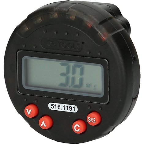 Schwarzes Drehmoment-Messgerät mit LCD-Display, Anzeige: 30.0 Nm. Rote Knöpfe und Prägung "KS TOOLS".
