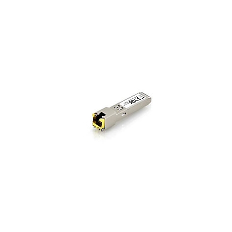 Ein silberner SFP-Transceiver auf weißem Hintergrund, mit einem goldenen Anschluss.