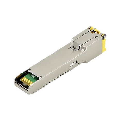Ein silberner SFP-Transceiver, einsteckbares Netzwerkmodul. Goldfarbene und grüne Details sind sichtbar.