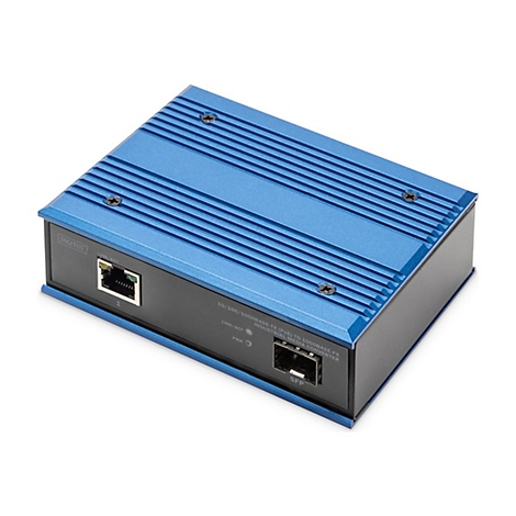 Ein blauer, rechteckiger Medienkonverter mit geriffelter Oberseite. Links ein Ethernet-Anschluss, rechts ein SFP-Anschluss. Beschriftung: Digitus, Link/Act.