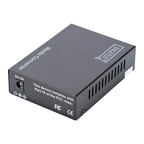 Ein schwarzer Media Converter mit Aufdrucken von 'DIGITUS' und 'Media Converter'.