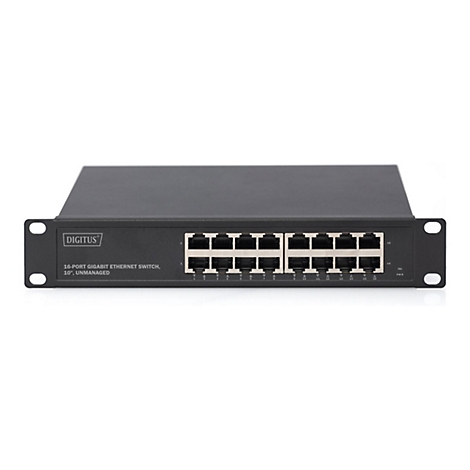 Commutateur Ethernet Gigabit 16 ports noir de Digitus. Les ports et les étiquettes sont visibles à l'avant.
