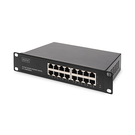 Commutateur réseau noir à 16 ports, logo Digitus, texte : Commutateur Ethernet Gigabit à 16 ports. Non géré.