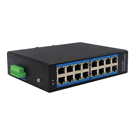 Schwarzer Netzwerk-Switch mit 16 Ports, blaue und grüne Akzente, Beschriftung.