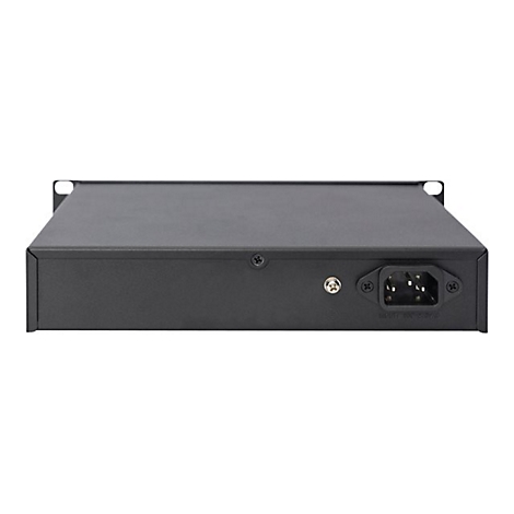 Schwarzes elektronisches Gerät von hinten, mit Stromanschluss. Auf weißem Hintergrund.