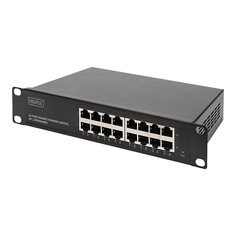 Schwarzer Netzwerk-Switch mit 16 Ports, Text: 16-Port Gigabit Ethernet Switch. Digitus.