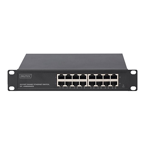 Schwarzer Netzwerk-Switch mit 16 Ports, Marke Digitus, vor weißem Hintergrund. Ports beschriftet mit Zahlen.