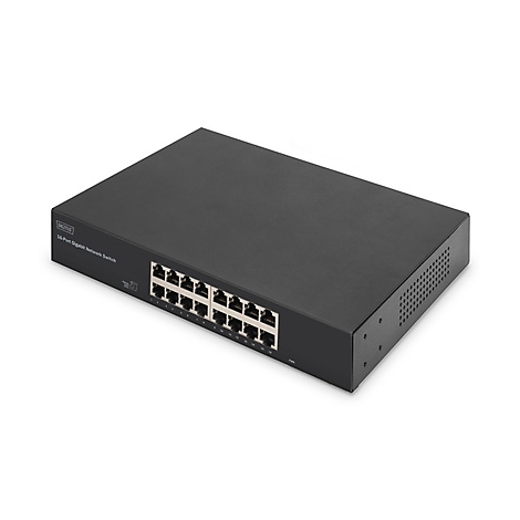 Schwarzer 16-Port Gigabit-Netzwerk-Switch, Blick von oben, mit Anschlüssen und Beschriftung.