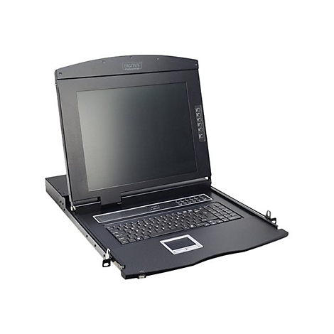 Schwarzer Monitor mit Tastatur und Touchpad. Oben links das Logo „DIGITUS Professional“.