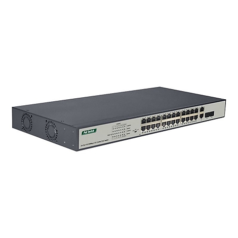 Ein grauer PoE-Switch mit 24 Ports, Lüftern, Beschriftung "PoE Switch" und Anschlussbuchsen.