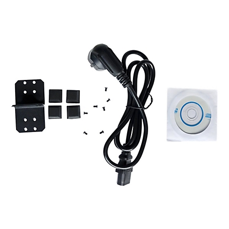 Zubehör für Hardware, bestehend aus Halterung, Schrauben, Kabel, Füßen und CD.